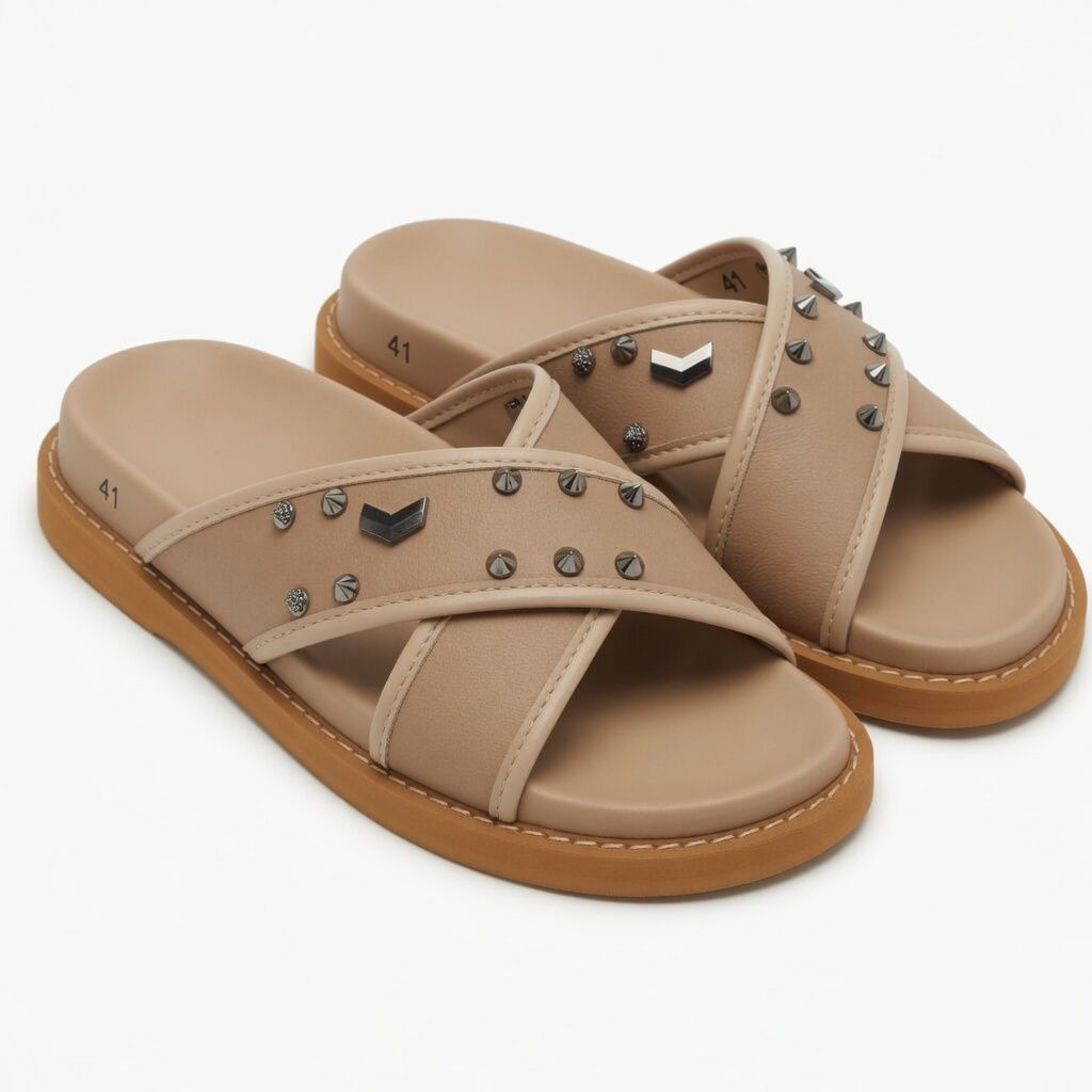 Men Nude Beige Studded Cross Strap Slide Slippers